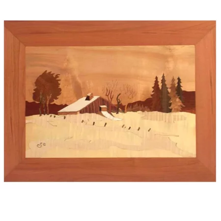 tableau en marqueterie "ferme comtoise en hiver"