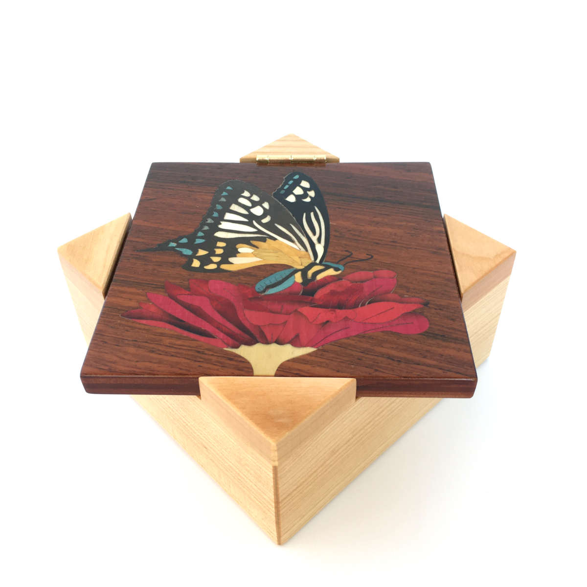 Boîte à Bijoux En Bois De Guyane Avec Motif Papillon En Marqueterie - Style Artisanal - Neuf Sans Emballage