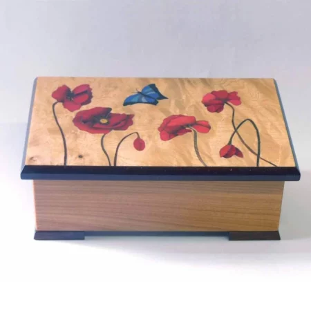 Boîte à musique, marqueterie "jolis coquelicots"