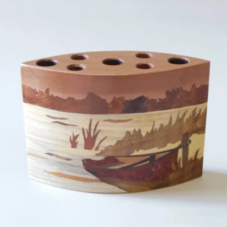 Pot à crayons en bois, marqueterie "barque"