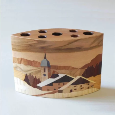 Pot à crayons en bois, marqueterie "Village"