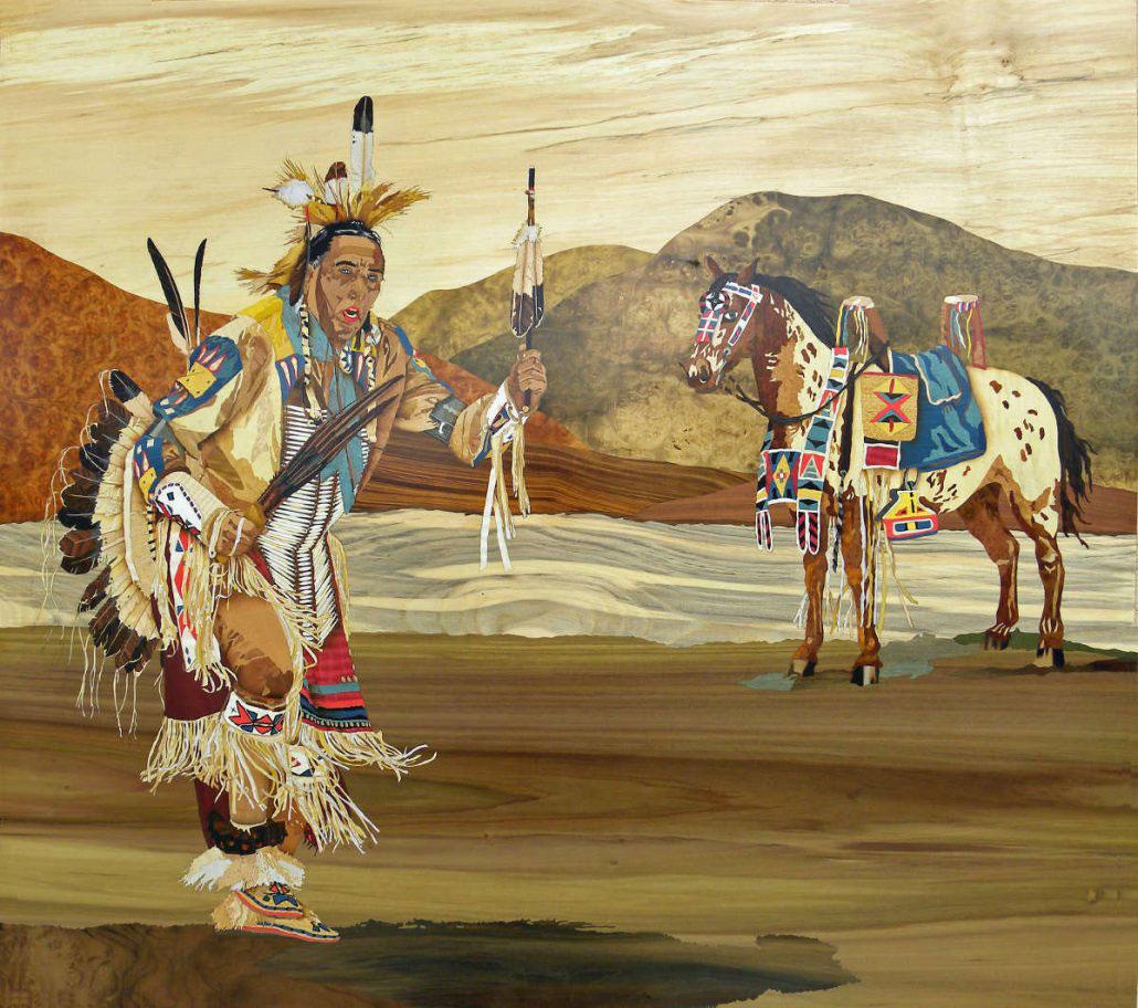 Tableau avec marqueteries "Indien et son cheval"