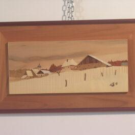 Tableau en marqueterie "village comtois sous la neige"