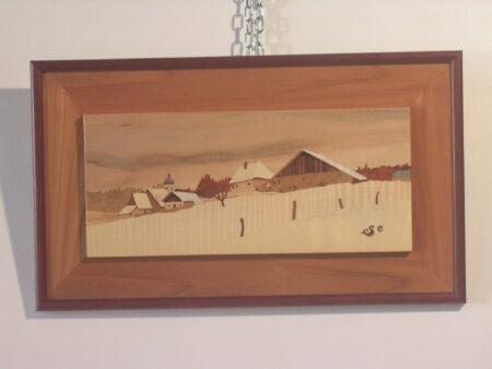 Tableau en marqueterie "village comtois sous la neige"