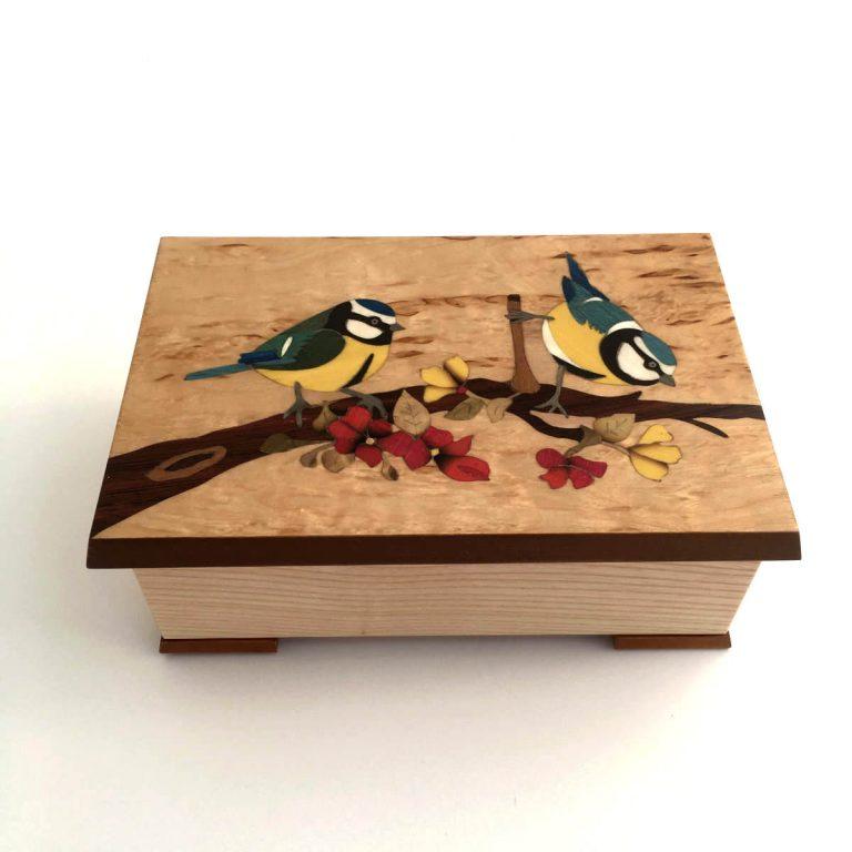 Organisateur de bureau en bois avec support téléphone, marqueterie oiseau  réf OT1 - Bois Plaisir