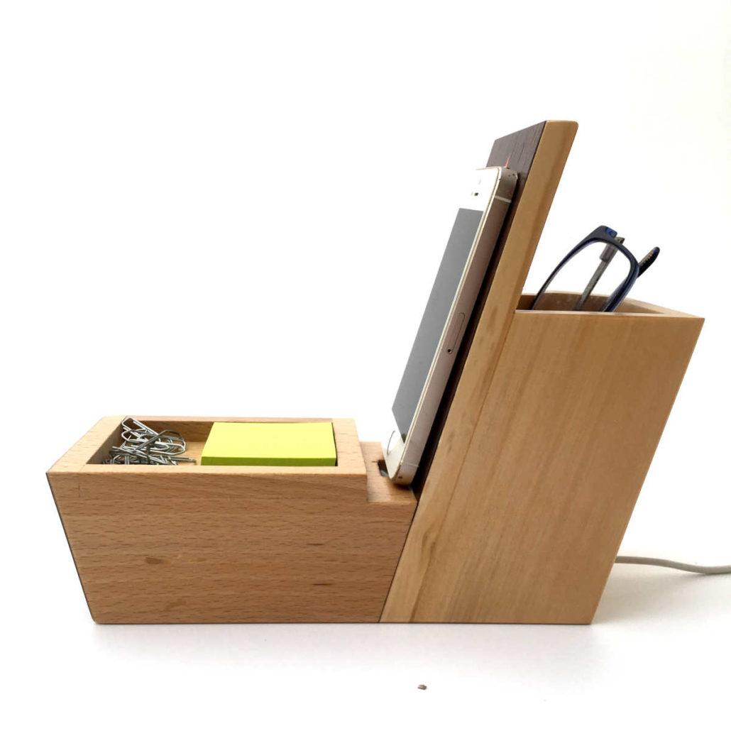 Organisateur de bureau en bois avec support téléphone, marqueterie "médaillon" réf OP1