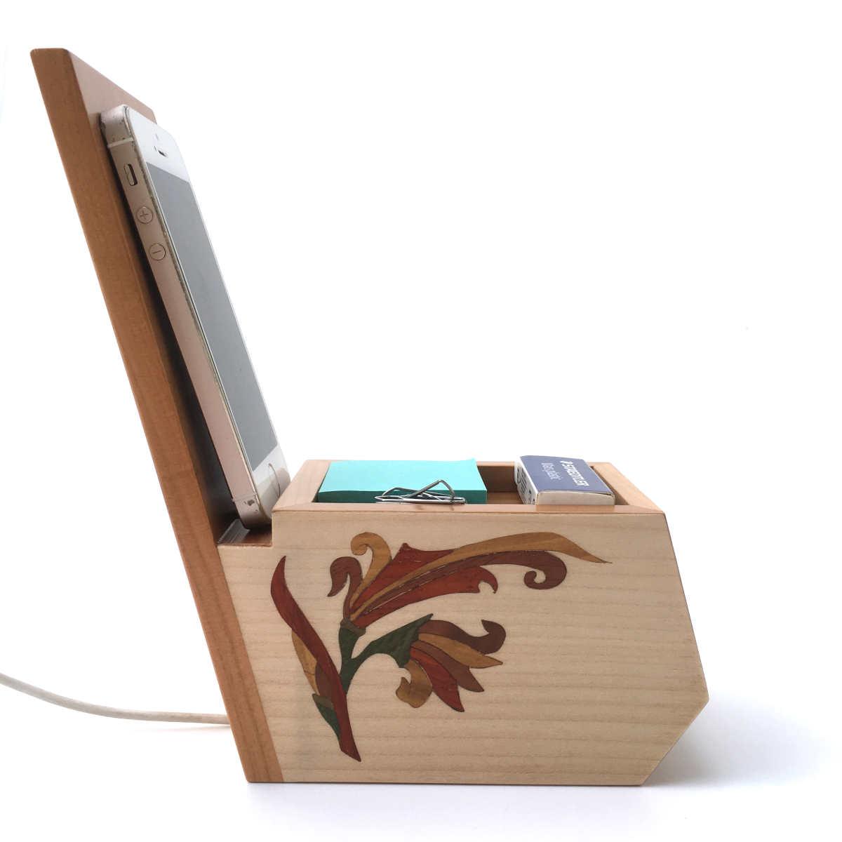 Organisateur de bureau en bois avec support téléphone, marqueterie oiseau  réf OT1 - Bois Plaisir