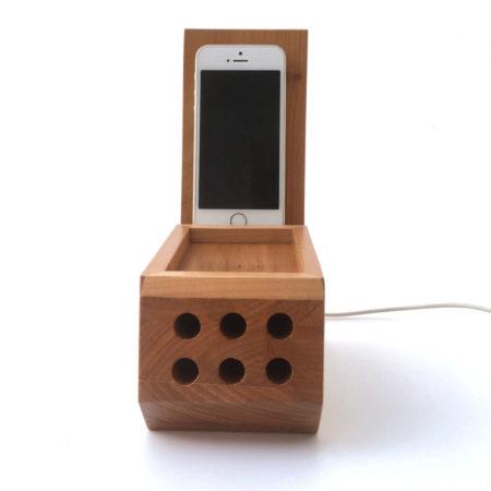 Organisateur de bureau en bois avec support téléphone, marqueterie "oiseau" réf OT1