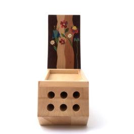 Organisateur de bureau en bois avec support téléphone, marqueterie "fleurs" réf OT2