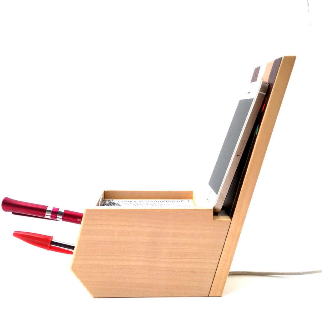 Organisateur de bureau en bois avec support téléphone, marqueterie "fleurs" réf OT2