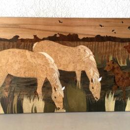 Tableau en marqueterie "Chevaux camarguais"